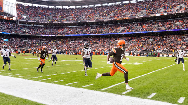 Dec 17, 2023; Cleveland, Ohio, USA; Cleveland Browns wide receiver Amari Cooper (2) runs the ball along the sideline for a touchdown against the Chicago Bears during the fourth quarter at Cleveland Browns Stadium. Mandatory Credit: Scott Galvin-USA TODAY Sports  